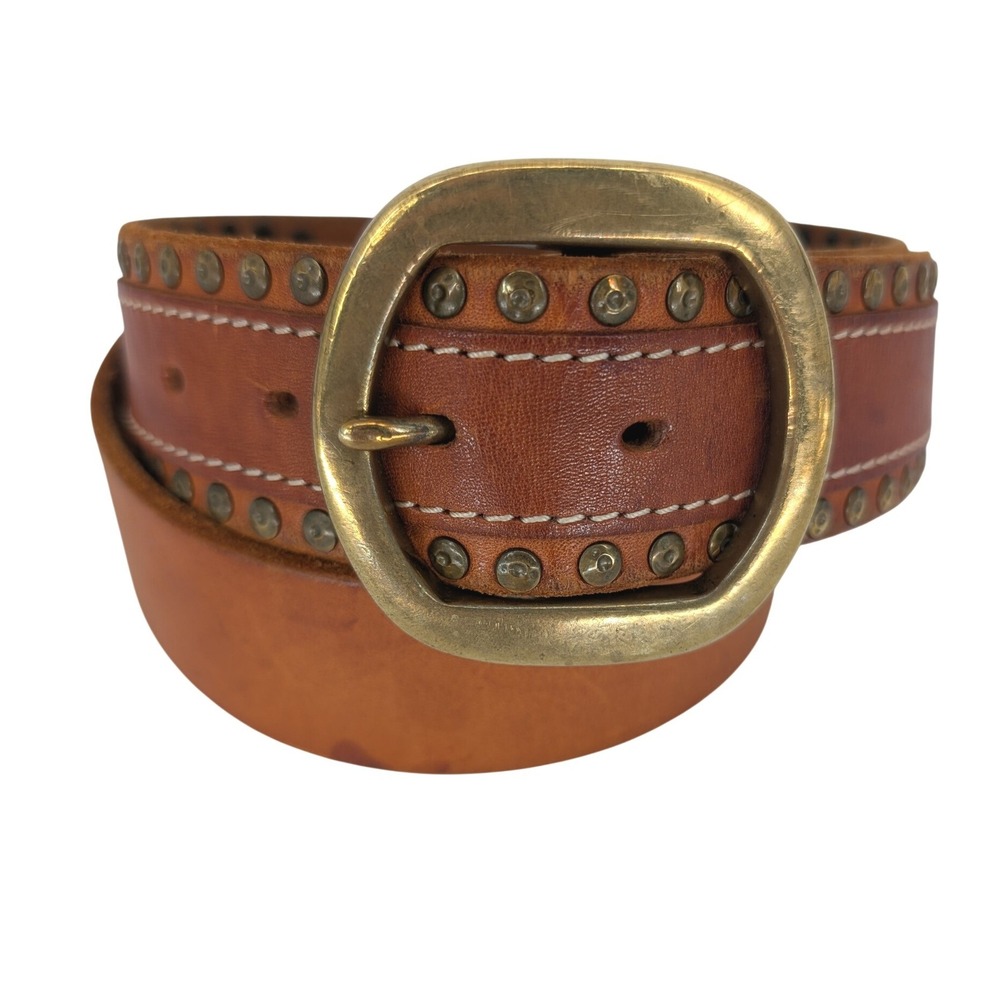 Lucky Brand Studded Leather Belt Womens 32 Brown Western Brass Buckle Boho Indie